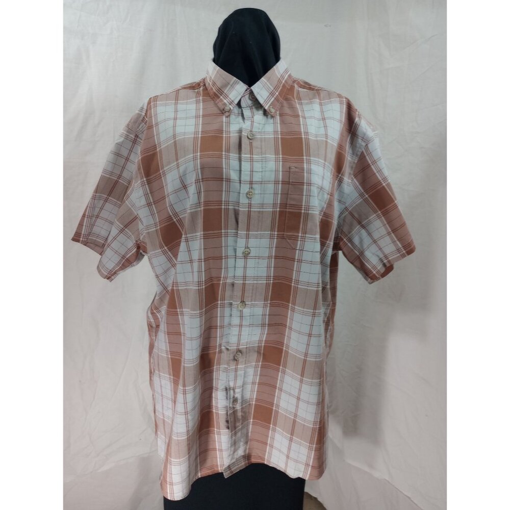Classic Plaid Short Sleeve Button Down Shirt In Soft Peach & White Checkered Pat